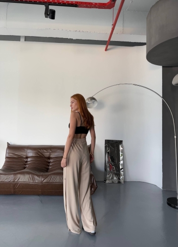 7003 Modal Bej Rengi Çıtçıtlı Modal Kumaş Bel Lastikli Palazzo Eşofman - 6