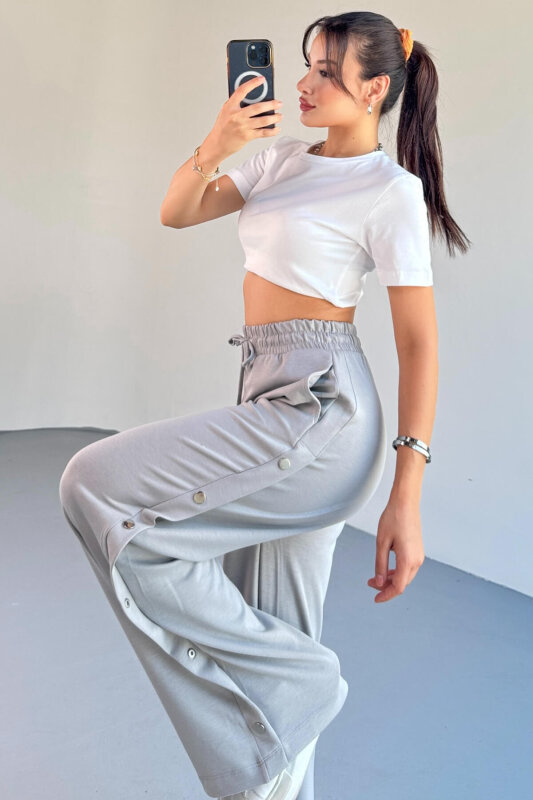 7003 Modal Boyama Gri Çıtçıtlı Modal Kumaş Bel Lastikli Palazzo Eşofman - 4