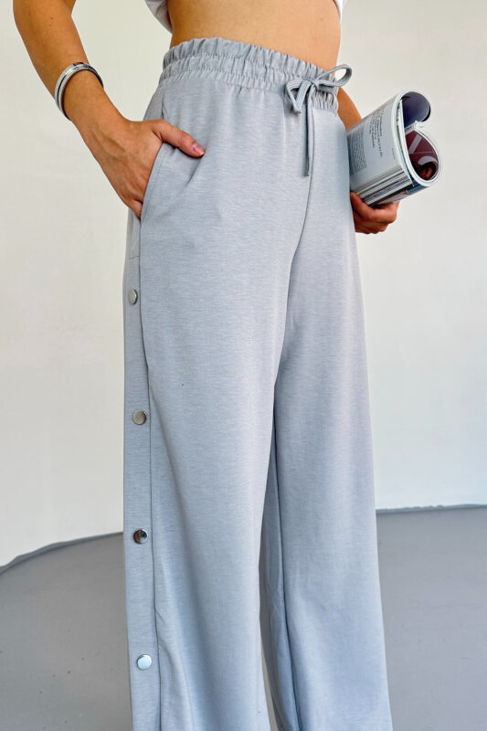 7003 Modal Boyama Gri Çıtçıtlı Modal Kumaş Bel Lastikli Palazzo Eşofman - 6