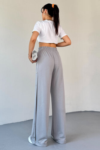 7003 Modal Boyama Gri Çıtçıtlı Modal Kumaş Bel Lastikli Palazzo Eşofman - 7