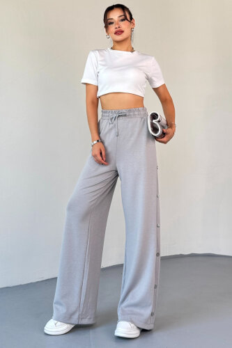 7003 Modal Boyama Gri Çıtçıtlı Modal Kumaş Bel Lastikli Palazzo Eşofman - 8