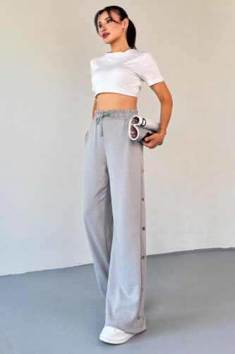 7003 Modal Boyama Gri Çıtçıtlı Modal Kumaş Bel Lastikli Palazzo Eşofman - 2