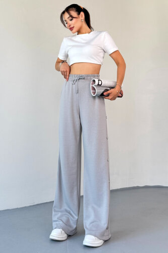 7003 Modal Boyama Gri Çıtçıtlı Modal Kumaş Bel Lastikli Palazzo Eşofman - 3