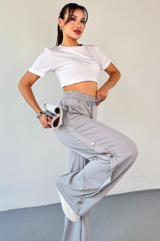 7003 Modal Boyama Gri Çıtçıtlı Modal Kumaş Bel Lastikli Palazzo Eşofman - 9