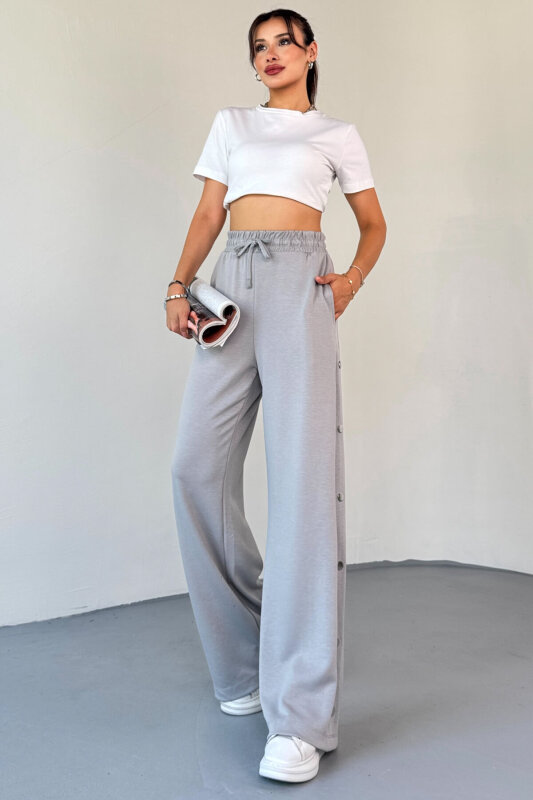 7003 Modal Boyama Gri Çıtçıtlı Modal Kumaş Bel Lastikli Palazzo Eşofman - 1