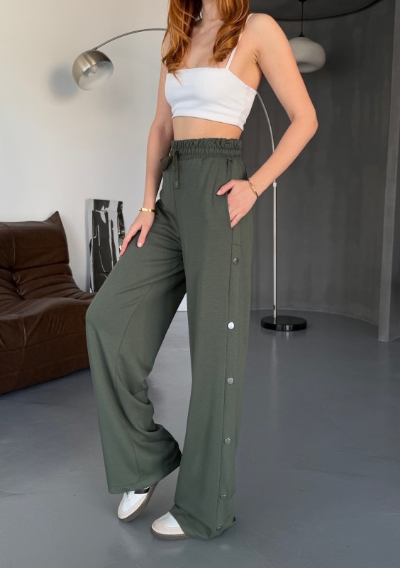 7003 Modal Haki Çıtçıtlı Modal Kumaş Bel Lastikli Palazzo Eşofman - 1
