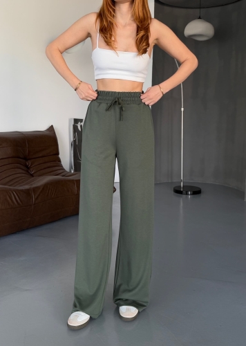 7003 Modal Haki Çıtçıtlı Modal Kumaş Bel Lastikli Palazzo Eşofman - 3