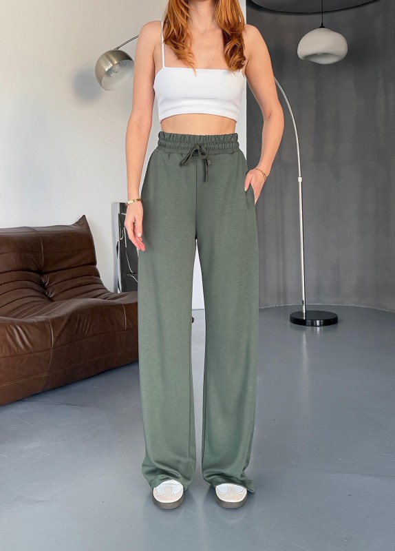 7003 Modal Haki Çıtçıtlı Modal Kumaş Bel Lastikli Palazzo Eşofman - 5