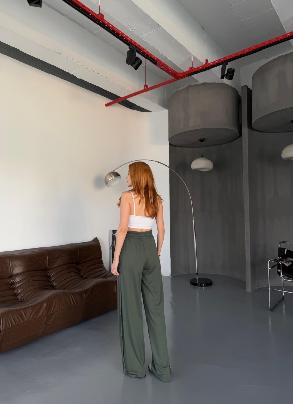 7003 Modal Haki Çıtçıtlı Modal Kumaş Bel Lastikli Palazzo Eşofman - 8