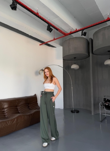 7003 Modal Haki Çıtçıtlı Modal Kumaş Bel Lastikli Palazzo Eşofman - 2