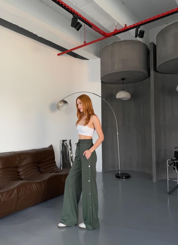 7003 Modal Haki Çıtçıtlı Modal Kumaş Bel Lastikli Palazzo Eşofman - 7