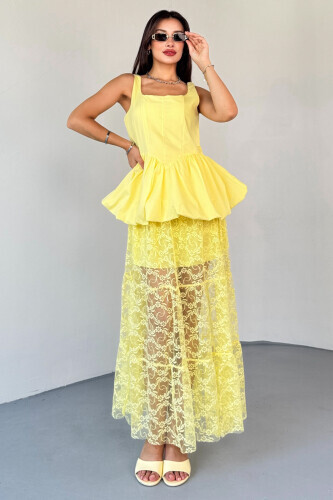 SET202 Sarı Bluz - Etek İkili Kombin