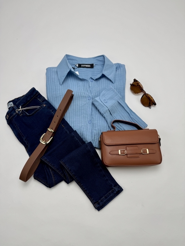 K002 Mavi Gömlek Koyu Mavi Skinny Jean Taba Tokalı Çanta Taba Gold Kemer Leopar Güneş Gözlüğü Beşli Kombin