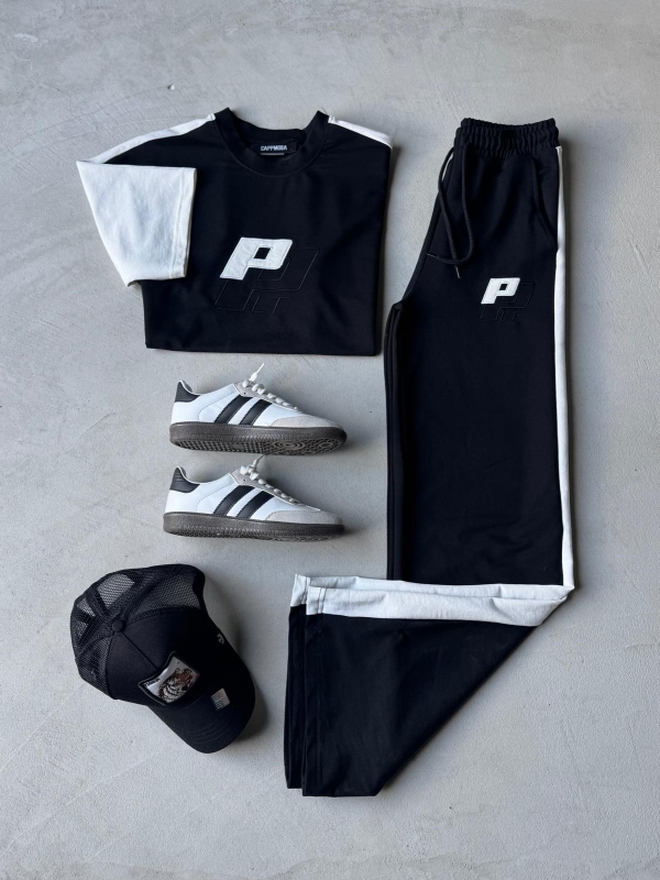 K016 Siyah Beyaz Şeritli İkili Takım Beyaz SMB Premium Sneaker Siyah Fileli Cap Dörtlü Kombin