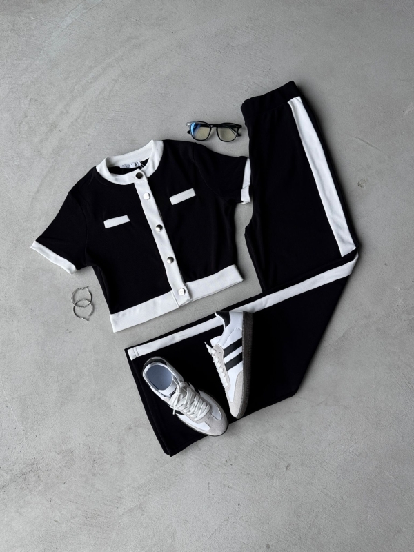 K027 Siyah Ribana Kumaş İkili Beyaz Şeritli SMB Snekaer Üçlü Kombin