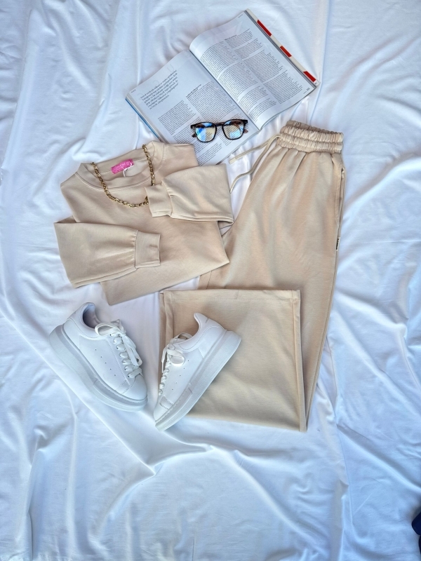 K048 Taş Rengi Oysh Kumaş Crop İkili Takım Beyaz Yüksek Taban Sneaker Üçlü Kombin