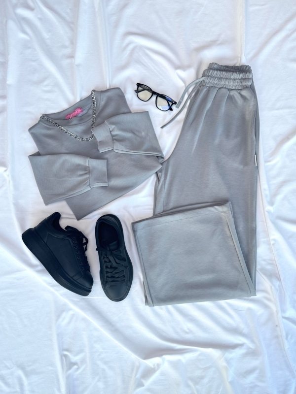 K049 Boyama Gri Oysh Kumaş Crop İkili Takım Siyah Yüksek Taban Sneaker Üçlü Kombin