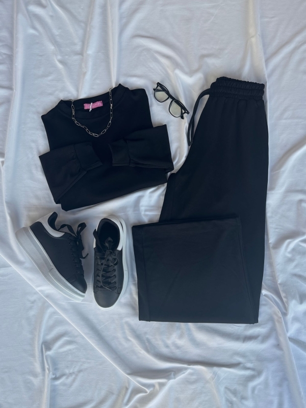 K050 Siyah Oysh Kumaş Crop İkili Takım Siyaha Beyaz Yüksek Taban Sneaker Üçlü Kombin