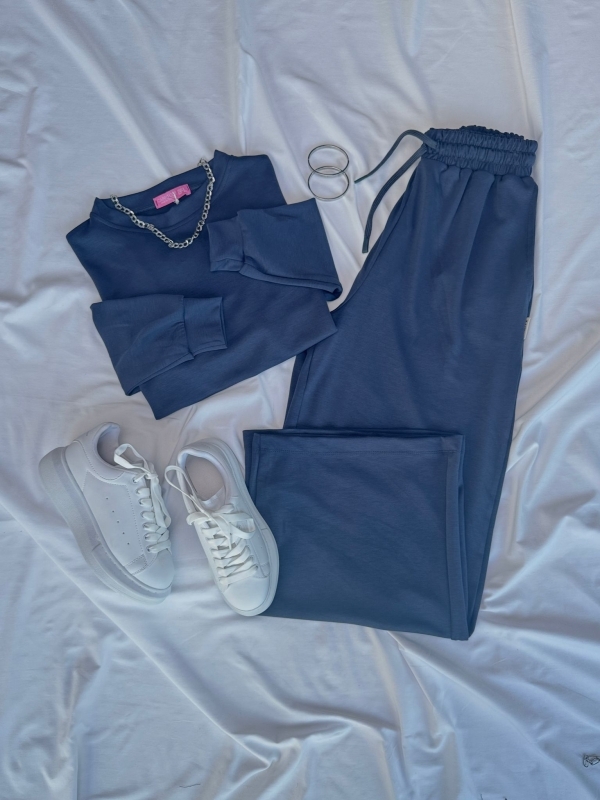 K051 Füme Oysh Kumaş Crop İkili Takım Beyaz Yüksek Taban Sneaker Üçlü Kombin