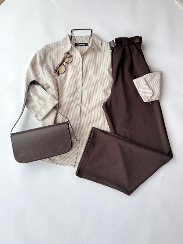 K059 Vizon Çizgili Gömlek Acı Kahve Yüksel Bel Kemerli Palazzo Pantolon Acı Kahve Suni Deri Baget Çanta