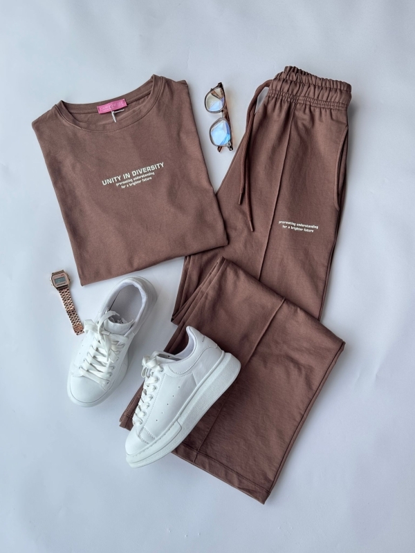 K063 Kahverengi Kabartma Baskılı Pamuklu İkili Takım Beyaz Yüksek Taban Muadil Sneaker Üçlü Kombin