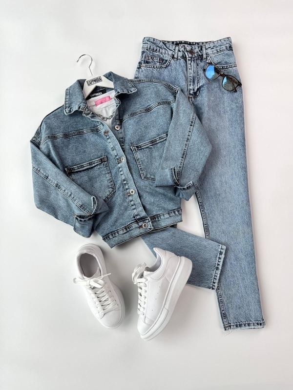 K066 Mavi Taşlamalı Cepli Kot Ceket Mavi Taşlamalı Momfit Süper Kalıp Jean İkili Kombin