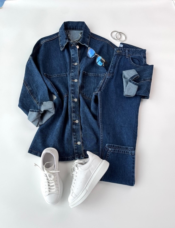 K065 Koyu Mavi Uzun Kot Ceket Koyu Mavi Momfit Süper Kalıp Jean