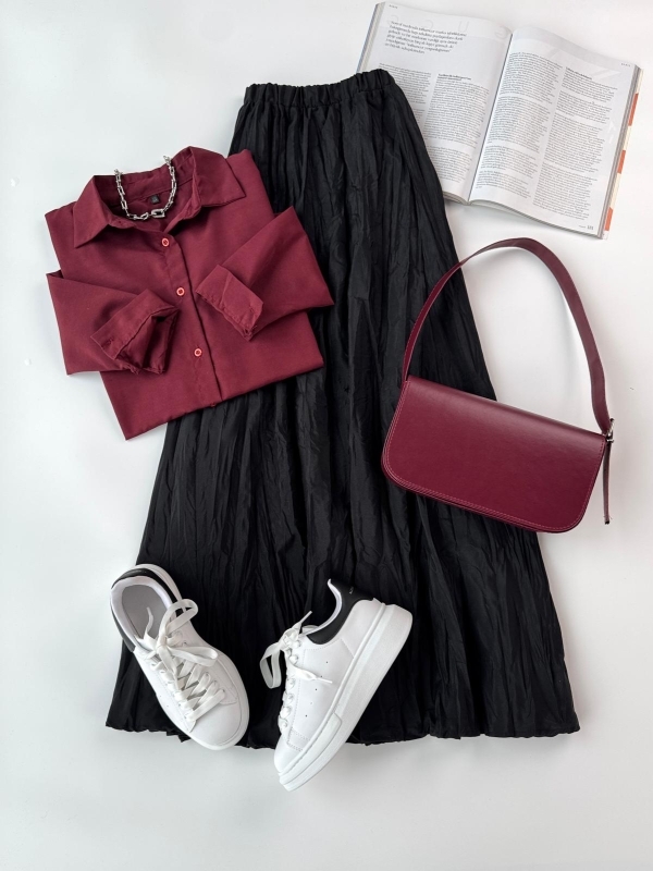 K067 Bordo Salaş Gömlek Siyah Uzun Buruşuk Kumaş Etek Bordo Çanta Yüksek Taban Sneaker Dörtlü Kombin