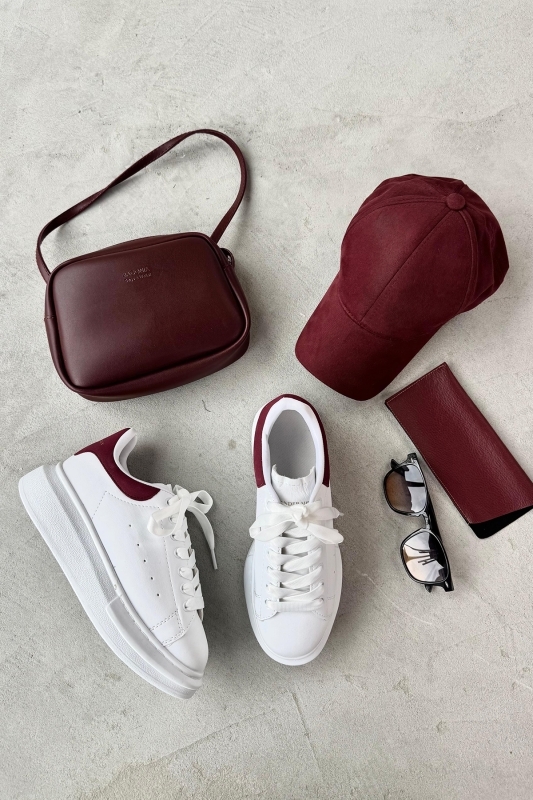 K103 Bordo Detaylı Yüksek Taban Sneaker Bordo Mini Çanta Bordo Cap Leopar İmaj Gözlüğü Dörtlü Set