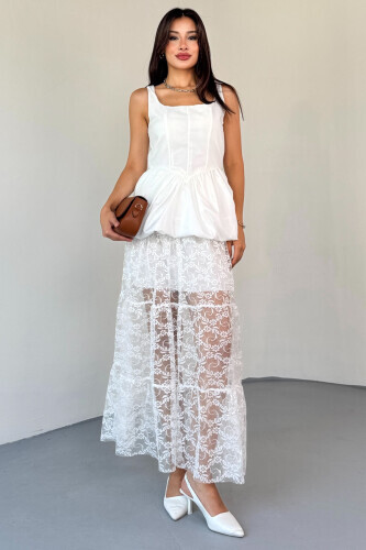 SET202 Beyaz Bluz - Etek İkili Kombin