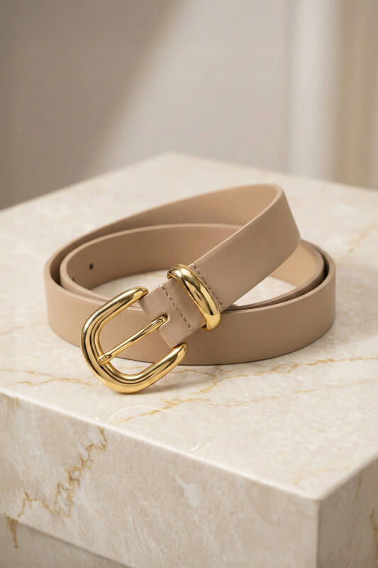 AKS-17095 Taş Rengi Köprü Gold Tokalı Suni Deri Kemer - 1