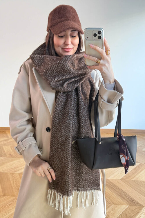 AKS-17103 Acı Kahve Kırçıllı Yumuşak Doku Püsküllü Şal