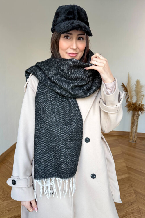 AKS-17103 Siyah Kırçıllı Yumuşak Doku Püsküllü Şal - 3