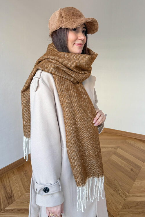 AKS-17103 Taba Kırçıllı Yumuşak Doku Püsküllü Şal - 3