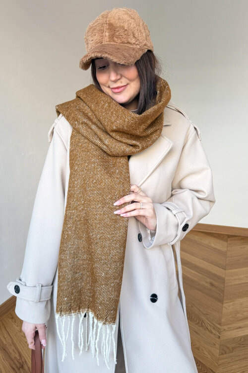 AKS-17103 Taba Kırçıllı Yumuşak Doku Püsküllü Şal (1)