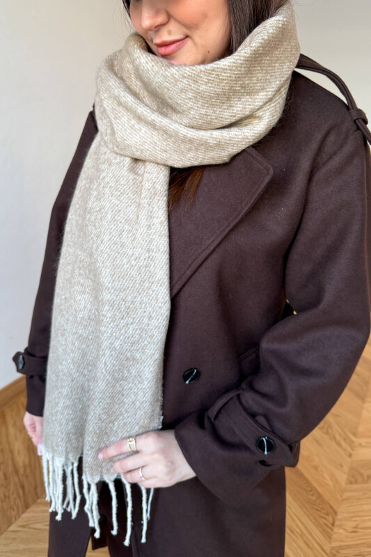 AKS-17103 Taş Rengi Kırçıllı Yumuşak Doku Püsküllü Şal - 1