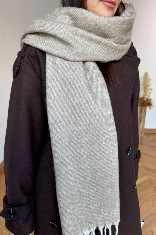 AKS-17103 Taş Rengi Kırçıllı Yumuşak Doku Püsküllü Şal - 3