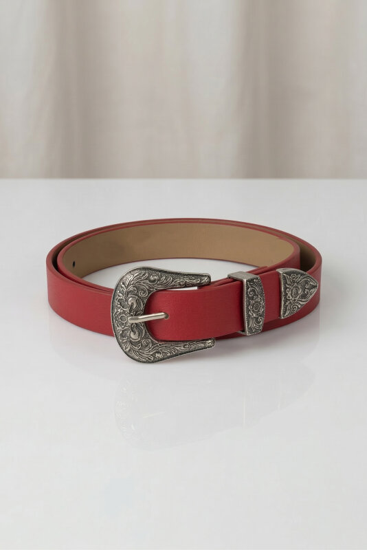 AKS-17201 Kırmızı Eskitme Gümüş Tokalı Suni Deri Kemer - 1