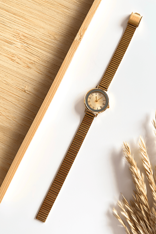 Alen Gold Yuvarlak Kadran Gold Çelik Kordon Kadın Kol Saati - 1