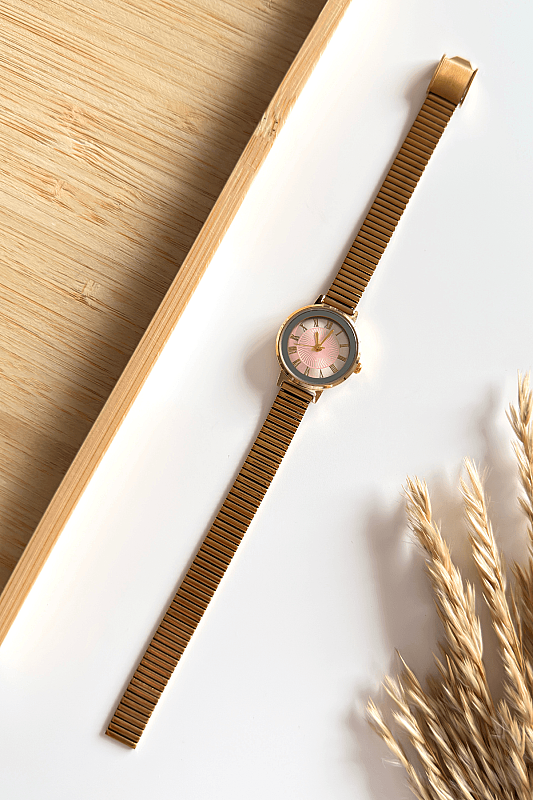 Alen Pudra Yuvarlak Kadran Gold Çelik Kordon Kadın Kol Saati - 1