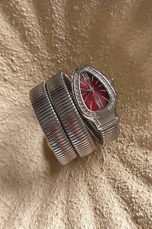 Alix Bordo Kadran Gümüş Taşlı Sarmal Kelepçe Kadın Kol Saati