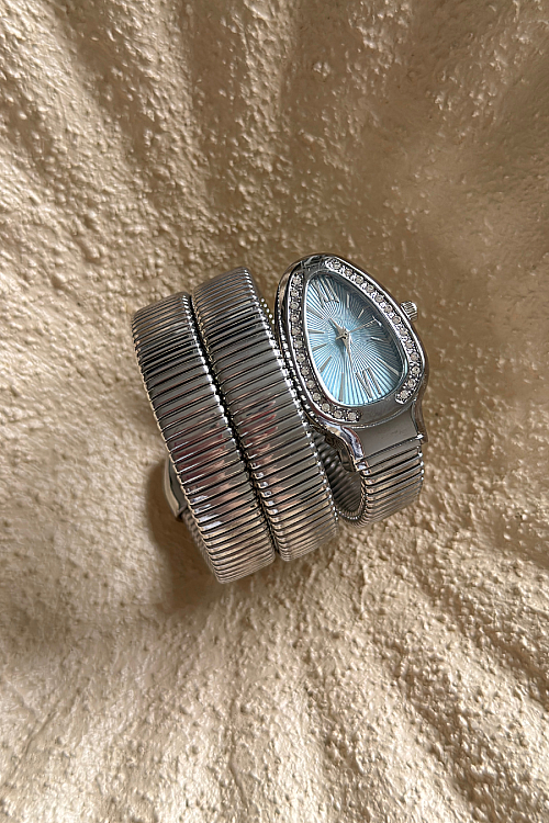 Alix Mavi Kadran Gümüş Taşlı Sarmal Kelepçe Kadın Kol Saati