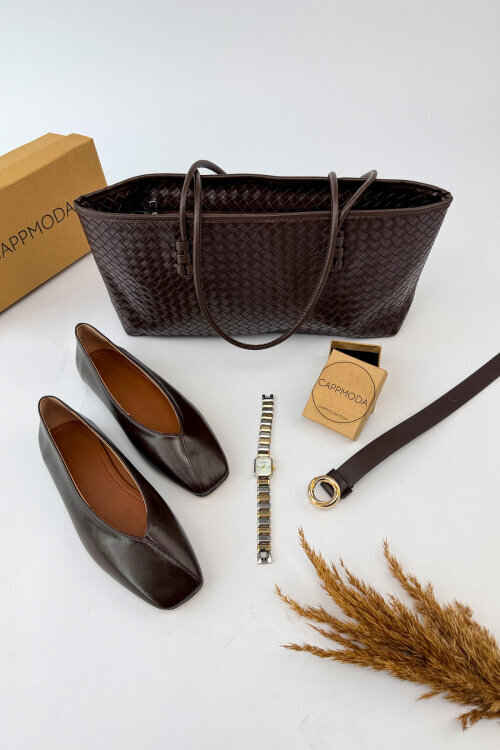 Aria Serisi Acı Kahve Rugan Babet-Çanta-Kemer-Saat Seti