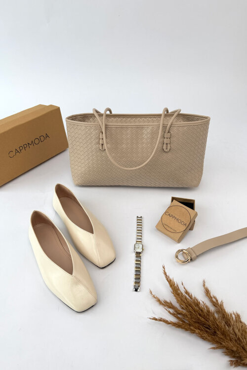 Aria Serisi Bej Rugan Babet-Çanta-Kemer-Saat Seti