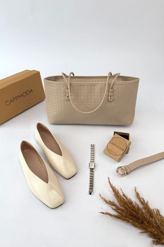 Aria Serisi Bej Rugan Babet-Çanta-Kemer-Saat Seti - 1