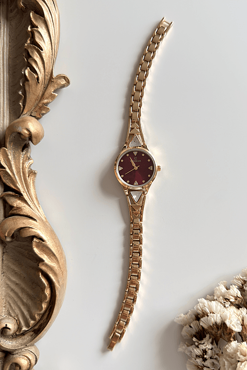 Arzen Bordo Yuvarlak Kadran Kristal Detay Gold Çelik Kordon Kadın Kol Saati