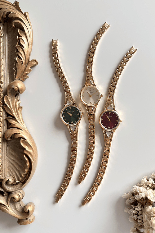 Arzen Bordo Yuvarlak Kadran Kristal Detay Gold Çelik Kordon Kadın Kol Saati (1)