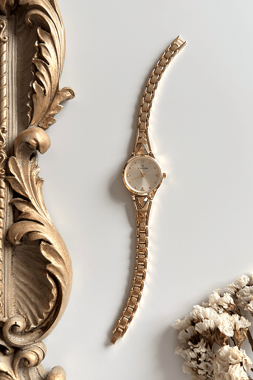 Arzen Gold Yuvarlak Kadran Kristal Detay Gold Çelik Kordon Kadın Kol Saati