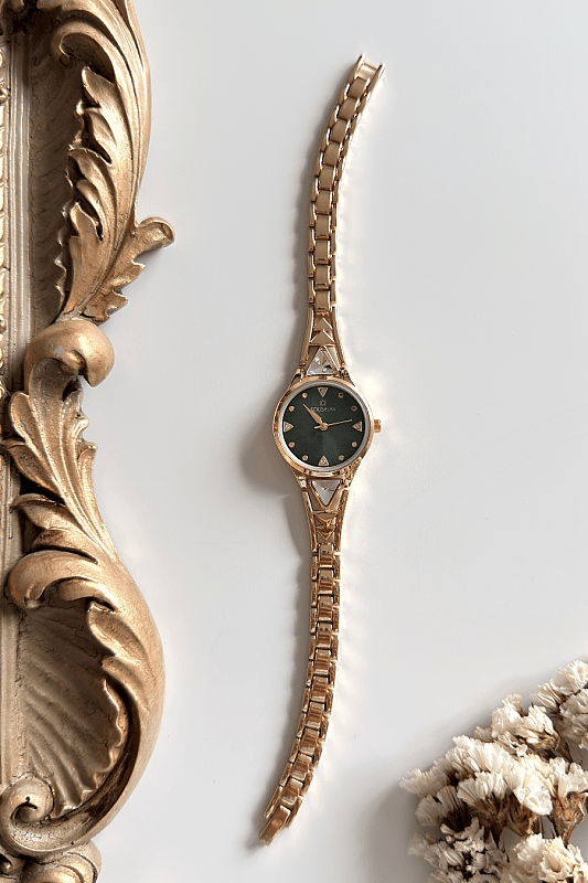 Arzen Yeşil Yuvarlak Kadran Kristal Detay Gold Çelik Kordon Kadın Kol Saati - 1