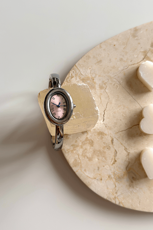 Asia Pembe Oval Kadran Silver Metal Kelepçe Kadın Kol Saati - 1